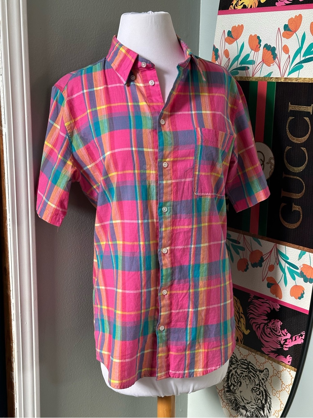 American Apparel Rainbow Plaid Short Sleeve Button-Down Shirt Pride Beach Summer
